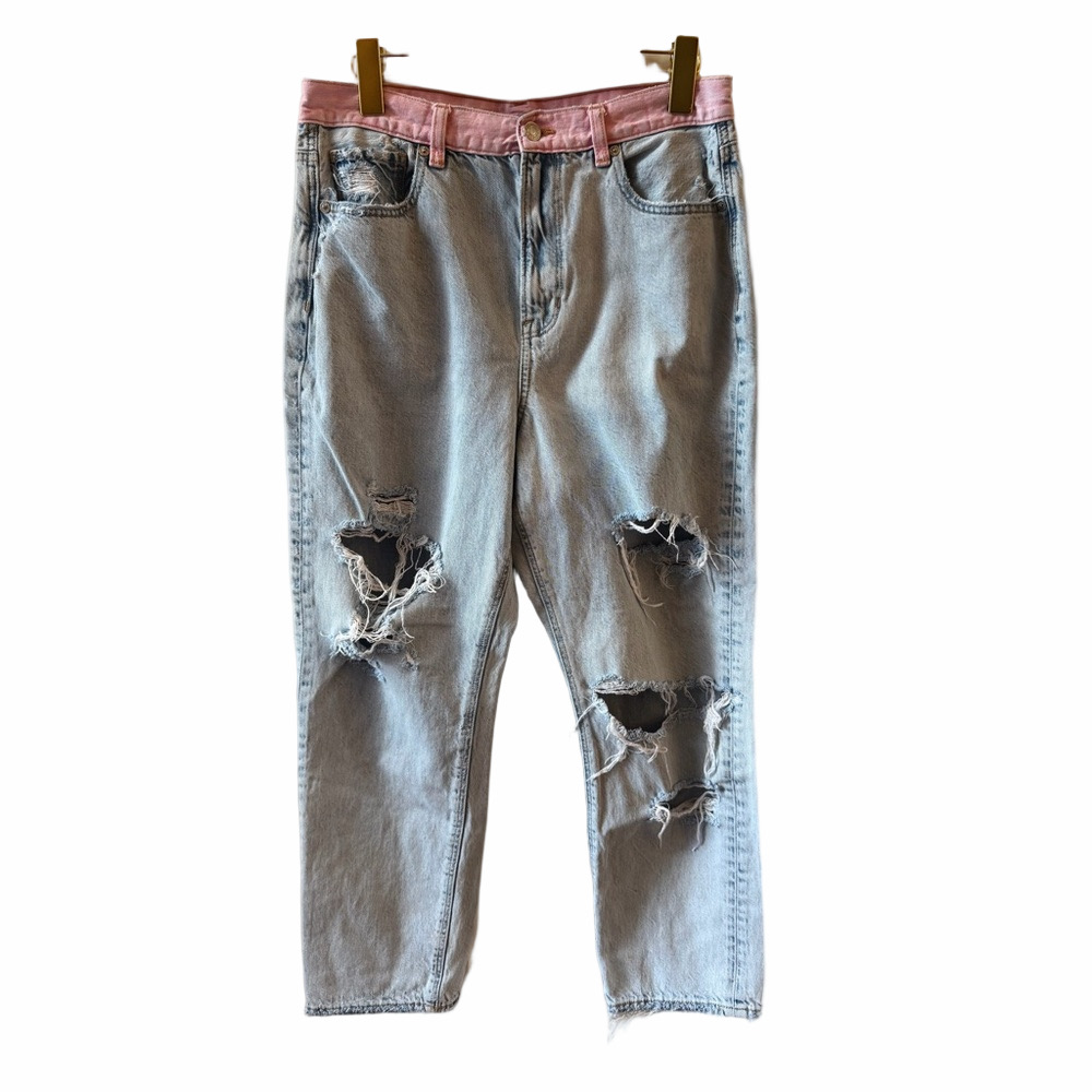 American Eagle AE x ME Blue Size 8 Short Mom Jeans Distressed Pink Waistband